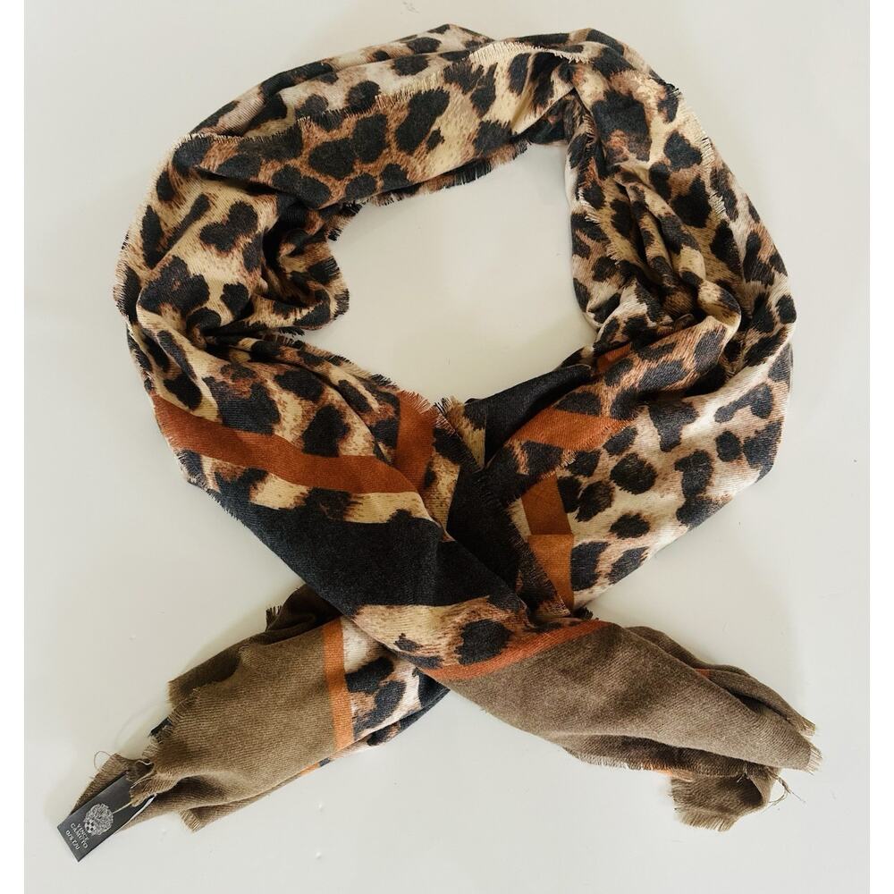 Vince Camuto Scarf Wrap Animal Print Brown Black w/Eyelash Fringe 32" x 76" Chic - Picture 2 of 8